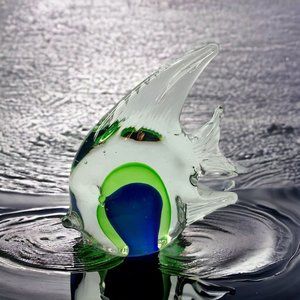 Blown Glass Blue Green Clear Angelfish Figurine Collectable 5" x 5" Nautical